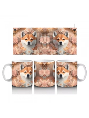 Çiçekli Fon Üzerinde İkili Shiba Inu Portresi – Baskılı Kupa