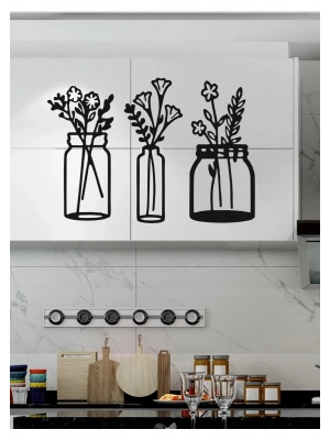 ® Çiçekli Kavanozlar – Ahşap Mutfak Duvar Dekoru (3’lü Set)