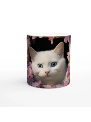 Çiçekli Pencereden Bakan Mavi Gözlü Kedi Temalı Baskılı Kupa Bardak