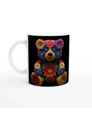 Çiçekli Sevimli Ayıcık Temalı Renkli Sanatsal Kupa Bardak