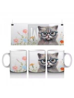 Çiçekli Zemin Üzerinde Gözlüklü Sevimli Kedi – Baskılı Kahve Kupası