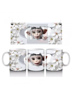 Çiçekli Zemin Üzerinde Sevimli Maymun – Baskılı Kahve Kupası