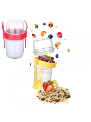 Çift Hazneli - Çatal Kaşıklı Portatif Müsli -atıştırmalık Kabı 1100 Ml