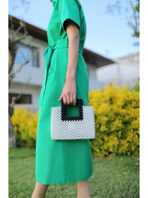 Çift renkli inci el yapımı çanta beyaz