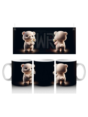 Çift Taraflı Papatyalı Minik Ayıcık Figürü - Baskılı kahve kupası