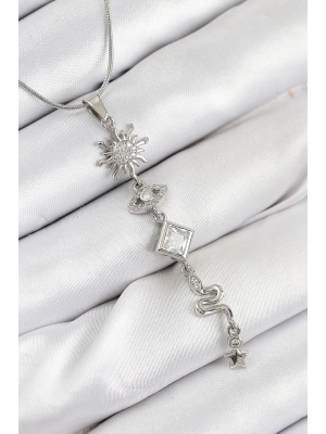 316L Çelik Zirkon Taşlı Güneş Ve Ay Enerji Model Gümüş Renk Kadın Kolye