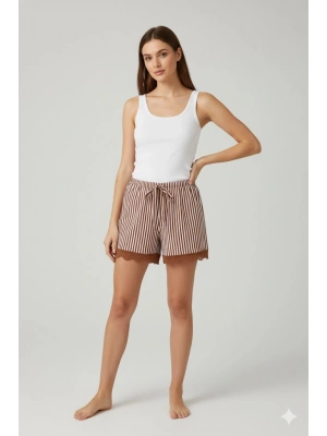 Çizgili Penye Kadın Ev Şortu Bacak Dantel Detaylı Ev Giyim Kahverengi