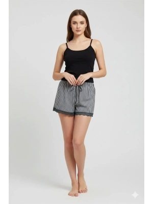 Çizgili Penye Kadın Ev Şortu Bacak Dantel Detaylı Ev Giyim Siyah