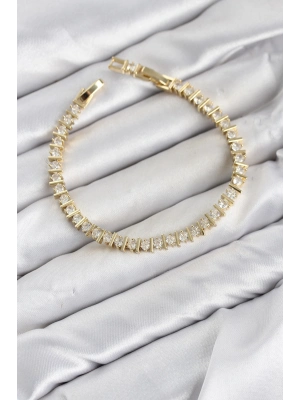 CM Şerit Model Zirkon Taşlı VIP Seri Gold Renk Pirinç Kadın Bileklik