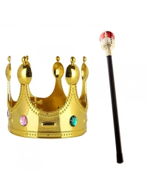 Çocuk Boy Altın Renk Kral Tacı Ve Kırmızı Topuzlu Kral Asası