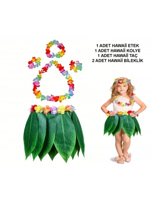 Çocuk Hawaii Kostüm Seti - Yaprak Etek & Hawaii Set - 5 Parça