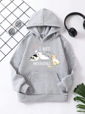 Çocuk   Kapüşonlu Kedicik Baskılı Pamuklu Sweatshirt - Gri