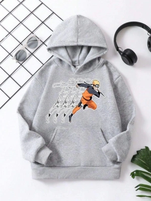 Çocuk   Kapüşonlu Naruto Baskılı Pamuklu Sweatshirt - Gri