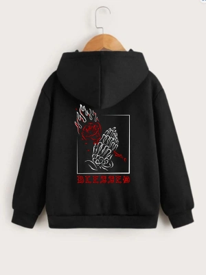 Çocuk   Kapüşonlu Ön ve Arka Blessed Baskılı Sweatshirt - Siyah