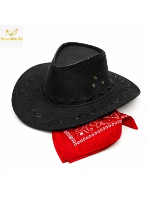 Çocuk Kovboy Şapka Siyah & Kırmızı Bandana Seti