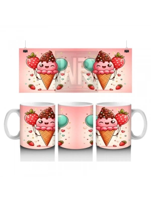 Çocuklara Sütü Sevdiren Balon Tutan Çilekli Dondurma Karakterli Kupa Bardak