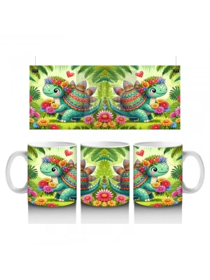 Çocuklara Sütü Sevdiren Çiçekli Kalpli Sevimli Dinozor Desenli Kupa Bardak