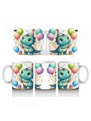 Çocuklara Sütü Sevdiren Doğum Günü Şapkalı Balonlu Dinozor Desenli Kupa Bardak