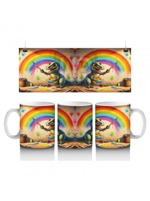 Çocuklara Sütü Sevdiren Duvara Gökkuşağı Çizen Sevimli Dinozor Desenli Kupa Bardak