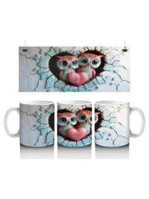 Çocuklara Sütü Sevdiren Duvarı Delip Bakan Kalp Baykuş Çifti Kupa Bardak