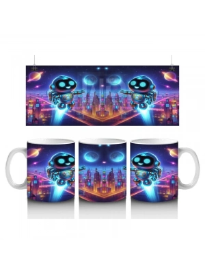 Çocuklara Sütü Sevdiren Gece Şehrinde Uçan Neşeli Robot Desenli Kupa Bardak