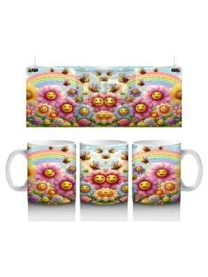 Çocuklara Sütü Sevdiren Gökkuşağı Altında Gülümseyen Çiçekler ve Uçuşan Arılar Desenli Kupa Bardak