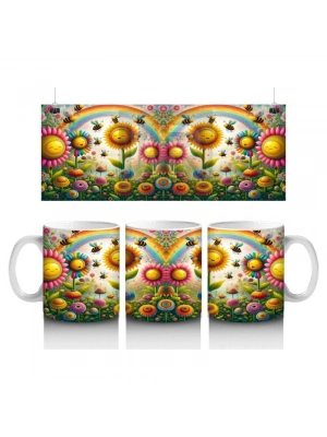 Çocuklara Sütü Sevdiren Gökkuşağı Altında Neşeli Çiçekler ve Arılar Desenli Kupa Bardak