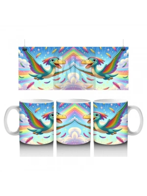 Çocuklara Sütü Sevdiren Gökkuşağı Kanatlı Dino Kuş Kupa Bardak