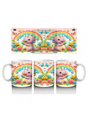 Çocuklara Sütü Sevdiren Gökkuşağı Şekerli Neşeli Dinozor Desenli Kupa Bardak