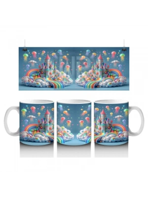 Çocuklara Sütü Sevdiren Gökkuşağı Şelaleli Renkli Masal Şatosu Desenli Kupa Bardak