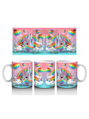 Çocuklara Sütü Sevdiren Gökkuşağı ve Balonlu Masal Şatosu Desenli Kupa Bardak