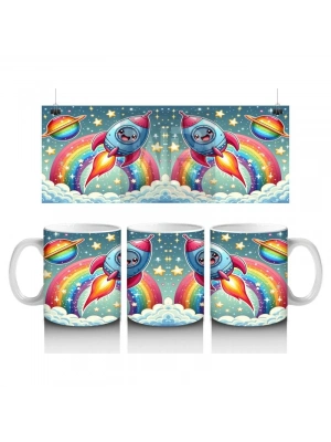 Çocuklara Sütü Sevdiren Gökkuşağı ve Sevimli Roket Yolculuğu Desenli Kupa Bardak