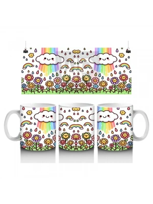 Çocuklara Sütü Sevdiren Gökkuşağı Yağmurlu Gülümseyen Bulut ve Çiçekler Desenli Kupa Bardak