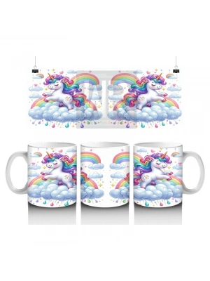 Çocuklara Sütü Sevdiren Gökkuşağında Koşan Sevimli Unicorn Desenli Kupa Bardak