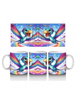 Çocuklara Sütü Sevdiren Gökkuşağında Uçan Sevimli Dinozor Desenli Kupa Bardak