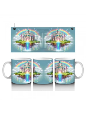 Çocuklara Sütü Sevdiren Gökkuşağıyla Aydınlanan Masal Şatosu Desenli Kupa Bardak