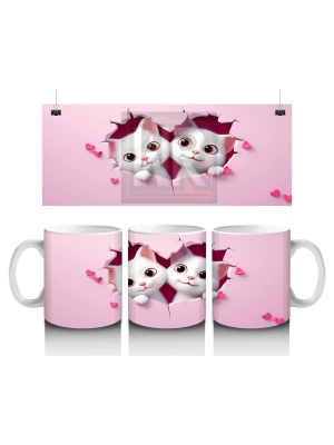 Çocuklara Sütü Sevdiren Kalp Çerçevesinden Bakan İki Sevimli Kedi Kupa Bardak