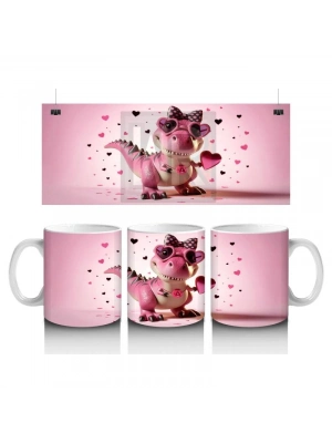 Çocuklara Sütü Sevdiren Kalp Çerçevesinden Bakan Pembe Dinozor Kupa Bardak