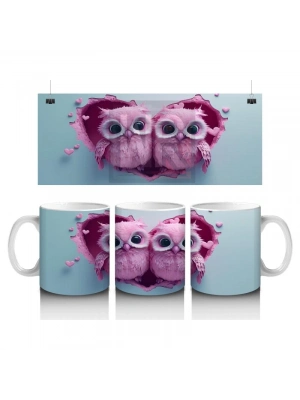 Çocuklara Sütü Sevdiren Kalp Çerçevesinden Bakan Pembemsi Baykuş Çifti Kupa Bardak