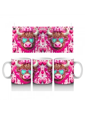 Çocuklara Sütü Sevdiren Kalpli Gözlüklü Pembe Fiyonklu İnek Desenli Kupa Bardak