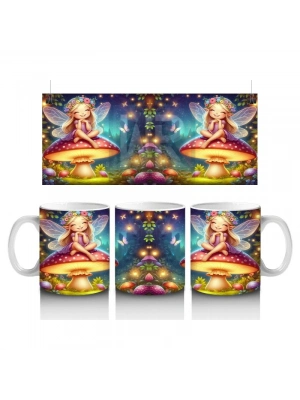 Çocuklara Sütü Sevdiren Mantar Üstünde Oturan Çiçek Taçlı Peri Desenli Kupa Bardak