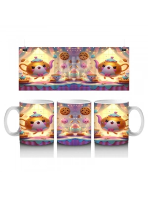 Çocuklara Sütü Sevdiren Neşeli Çay Takımı ve Kurabiyelerle Tatlı Sofra Desenli Kupa Bardak