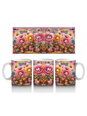 Çocuklara Sütü Sevdiren Neşeli Yüzlü Çiçekler ve Gökkuşağı Desenli Kupa Bardak