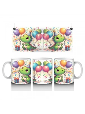 Çocuklara Sütü Sevdiren Parti Şapkalı Balonlu Sevimli Dinozor Desenli Kupa Bardak
