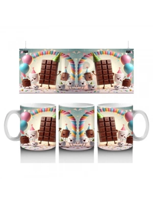 Çocuklara Sütü Sevdiren Parti Şapkalı Çikolata ve Marshmallowlar Desenli Kupa Bardak