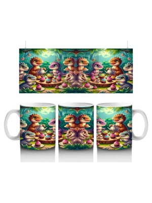 Çocuklara Sütü Sevdiren Pasta Partisi Yapan Dinozorlar Desenli Kupa Bardak