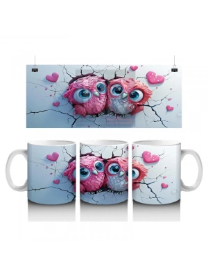 Çocuklara Sütü Sevdiren Pembeli Kalpli Baykuş Çifti Kupa Bardak