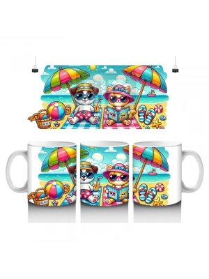 Çocuklara Sütü Sevdiren Plaj Keyfi Yapan Kedi ve Köpek Desenli Kupa Bardak