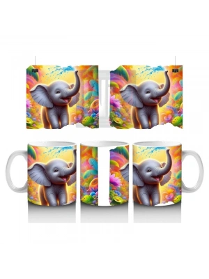 Çocuklara Sütü Sevdiren Rengârenk Arka Planlı Sevimli Fil Desenli Kupa Bardak