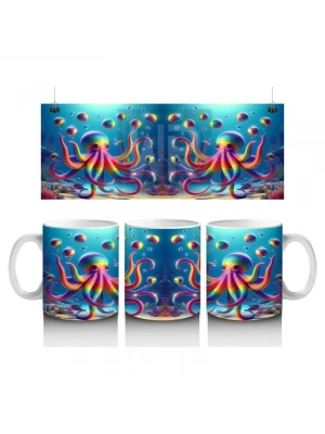 Çocuklara Sütü Sevdiren Renkli Ahtapot ve Baloncuklar Desenli Kupa Bardak